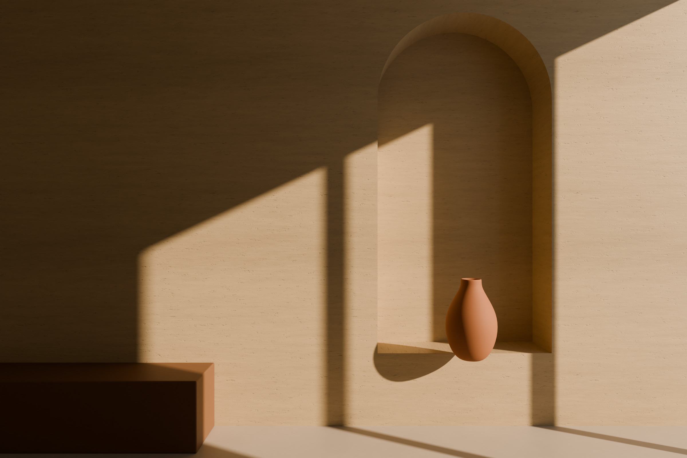 Concept render: an arched niche in a warm travertine-effect wall with sunlight falling across it.