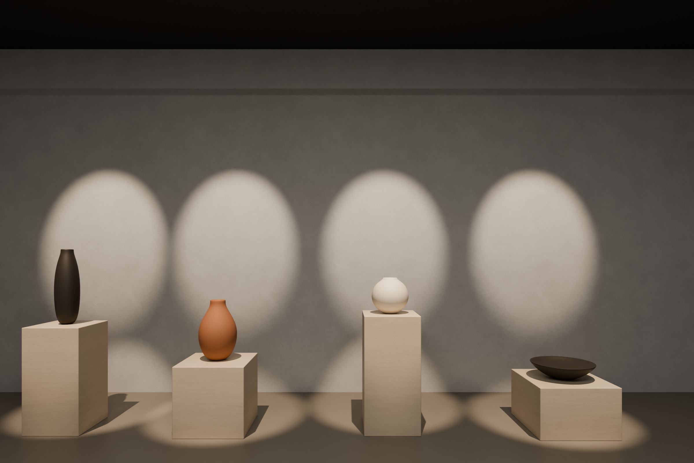 Concept render of a gallery-like retail space: ceramic objects on pale plinths in pools of light against a grey mineral wall.
