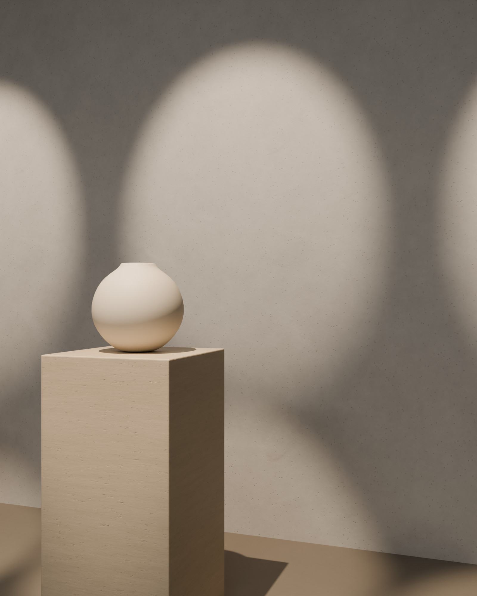 Concept render detail: a white ceramic vessel on a plinth lit against a concrete-effect wall.