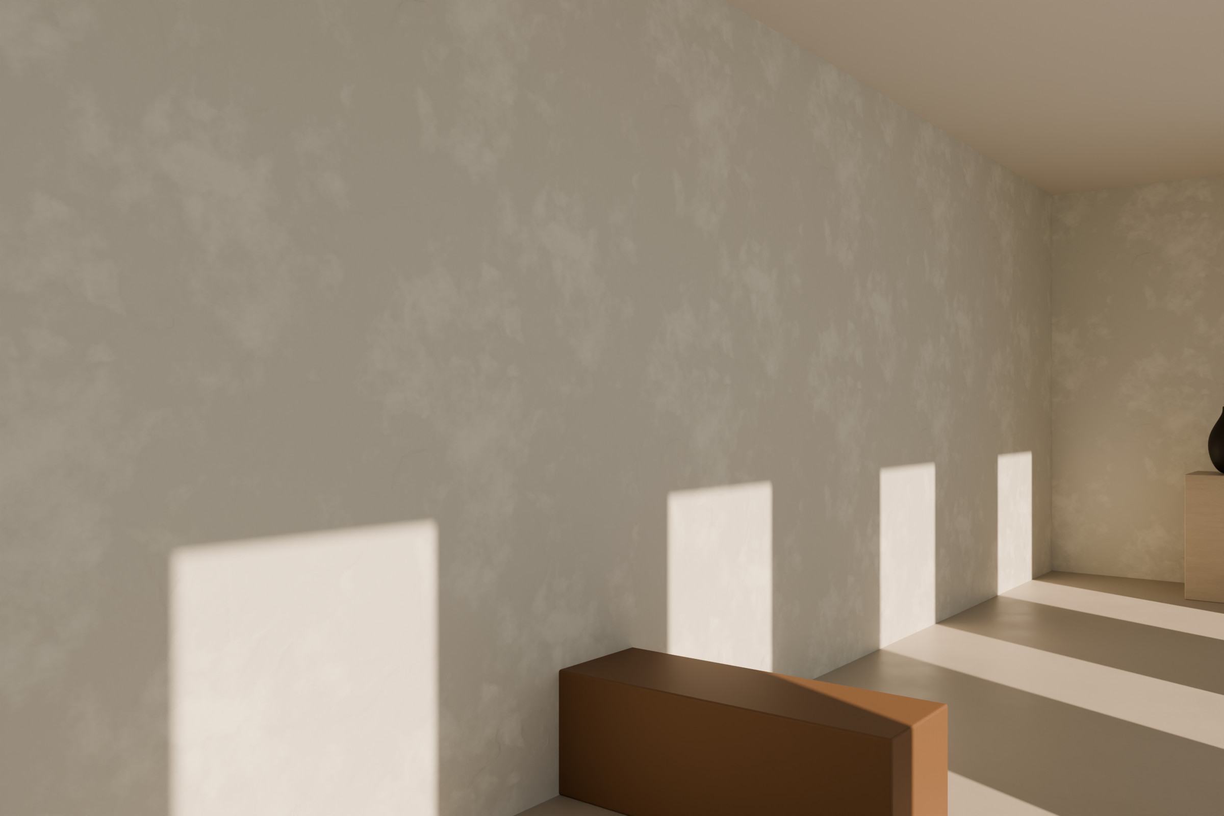 Concept render: bands of sunlight crossing a softly trowelled pale wall beside a low oak bench.
