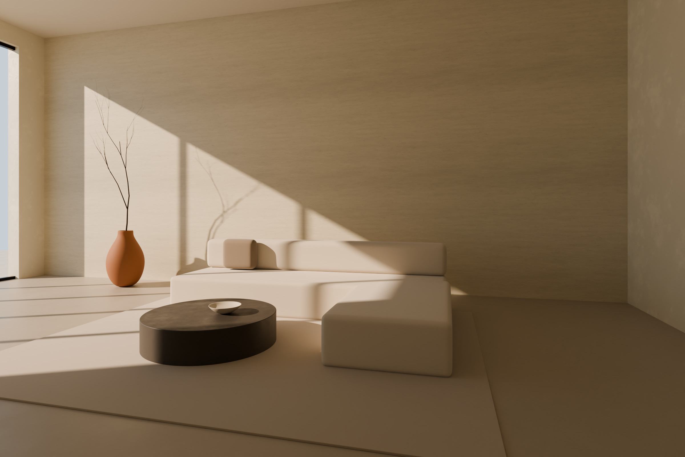Concept render of a bright living room with a long beige travertine-effect wall, low linen sofa and floor-to-ceiling glazing.