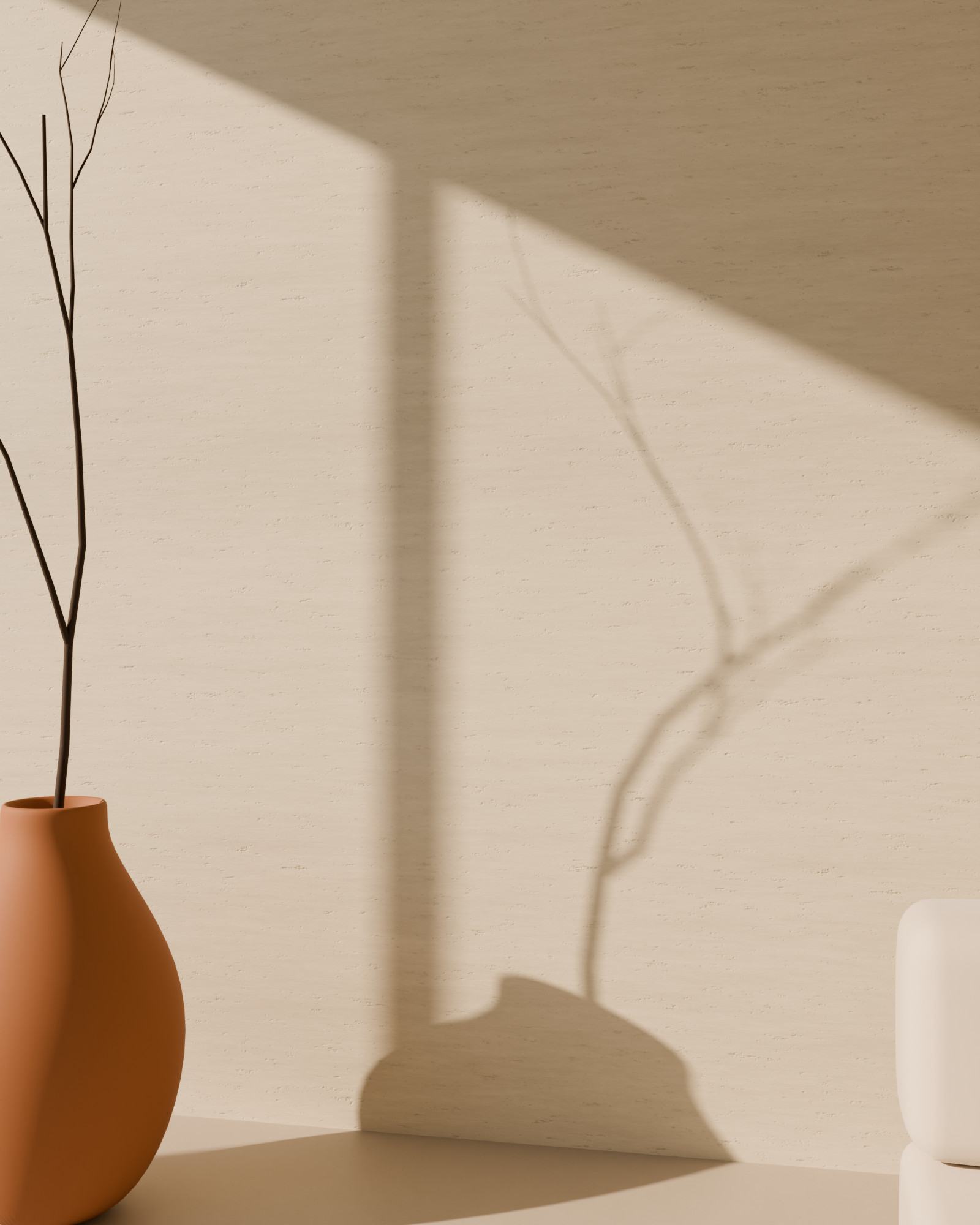 Concept render: a terracotta vase and dry branch casting shadows on a sunlit wall.